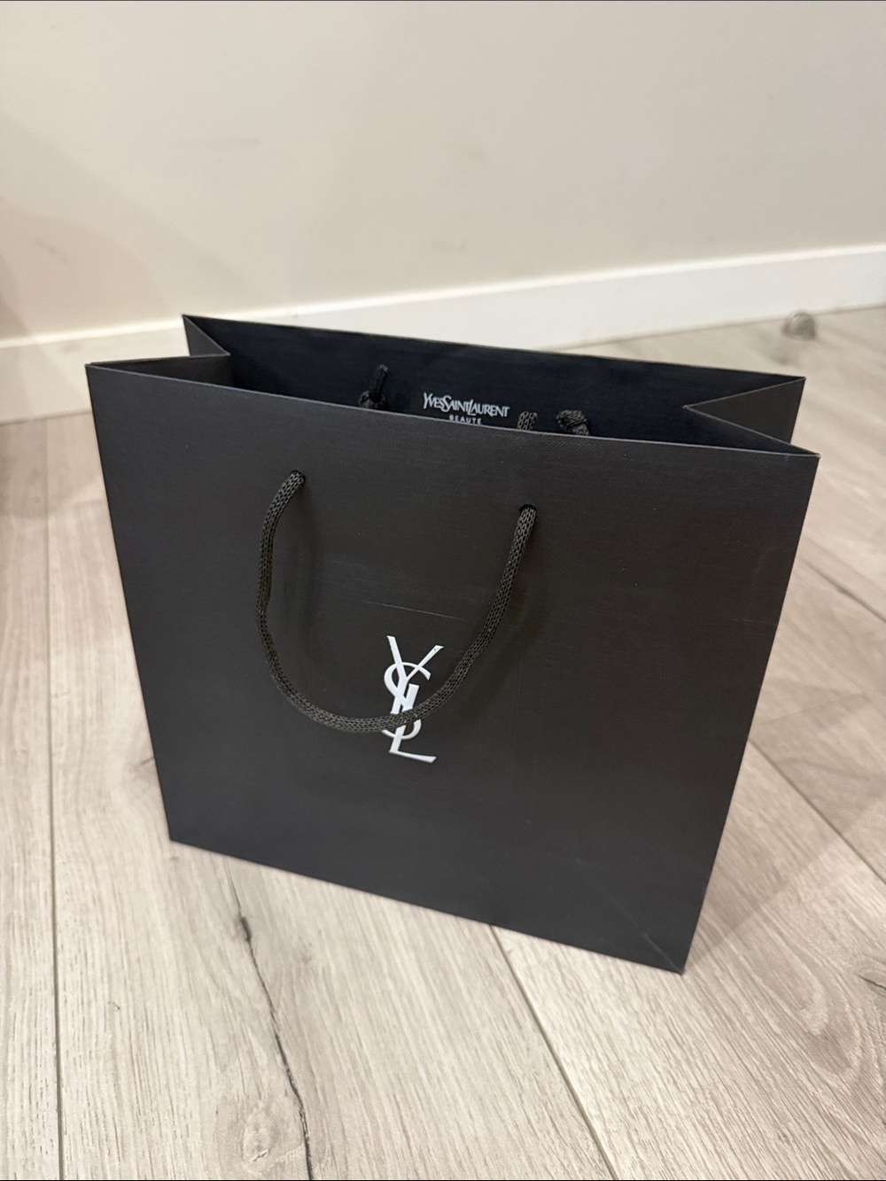 Yves Saint Laurent Black Paper Shopping Bag with White YSL Logo